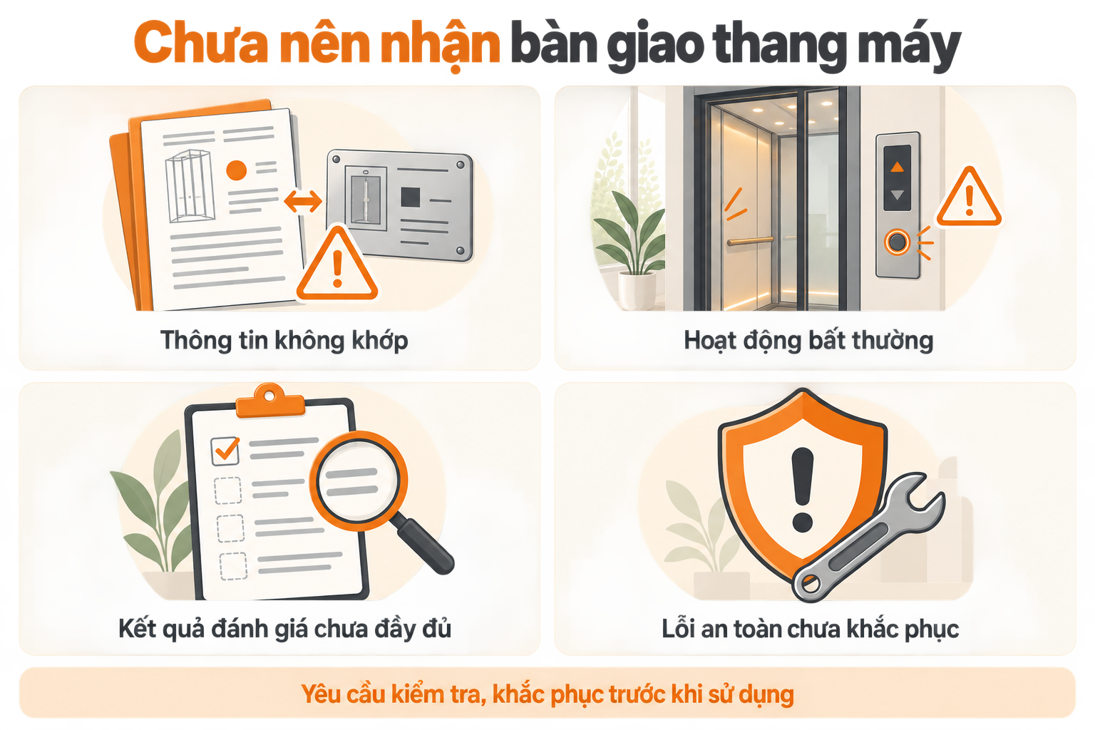 Bốn trường hợp cần kiểm tra, khắc phục trước khi nhận bàn giao thang máy.